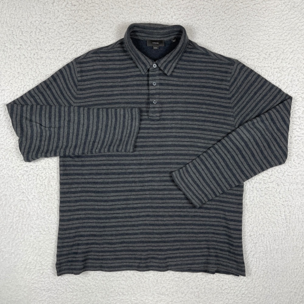 Vince Polo Shirt Mens XL Gray Black‎ Striped Long Sleeve Cotton M86549473A